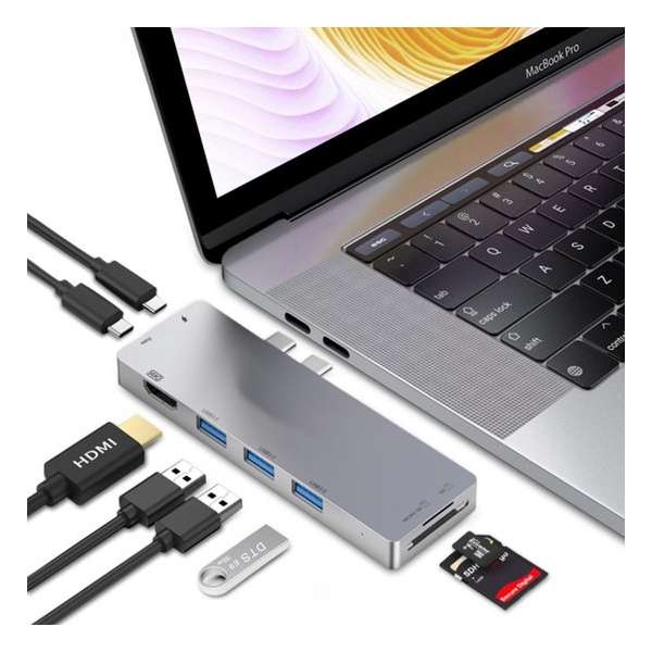 MMOBIEL 8 in 1 USB C Hub voor Macbook Pro - Air - Dual Type C Adapter - 4K - HDMI - USB 3.0 - SD-TF Kaartenlezer - GRIJS