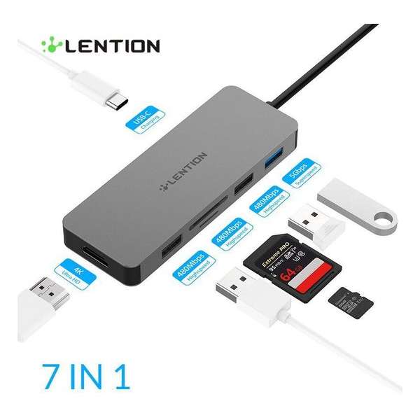 Lention Usb-C Hub 7 in 1 - Multi Usb 3.0 - Hdmi Adapter - Dock Voor Macbook - 4K HDMI Input - SD/Micro Kaartlezer