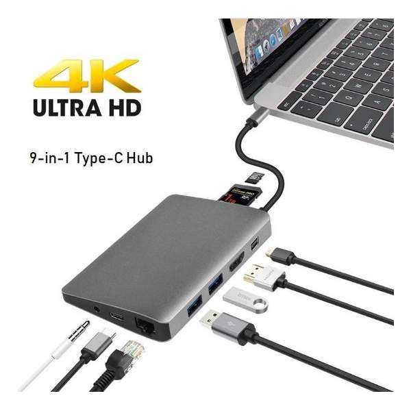 DrPhone 9-in-1 Hub Type C Dock - Mini Displayport Video USB C Hub Voor o.a. MacBook Samsung S20 / Note 20 - Mini USB Type C HDMI