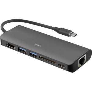 DELTACO USBC-1266 – USB-C Docking Station, HDMI, RJ45, USB 3.1, USB-C, SD kaart - aluminium, zwart