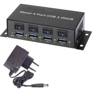 Renkforce 4 poorten USB 3.0 hub Met metalen behuizing, Individueel schakelbaar, Voor wandmontage Zwart