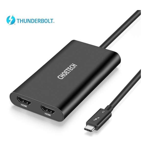 Choetech USB-C naar 2x 4K HDMI 2.0 adapter Thunderbolt™ 3 - 25cm - Zwart
