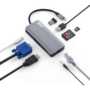 SBVR 9 in 1 USB Type - C Hub - Mulitport Adaparter 4K HMDI / Ethernet / VGA / USB 3.0 / Micro SD / SD / USB-C / Aux-ingang