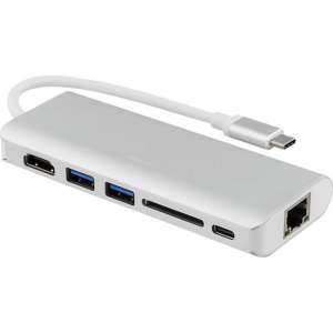 DELTACO USBC-1272 – USB-C Docking Station, HDMI, RJ45, USB 3.1, USB-C, SD kaart - aluminium, zilver