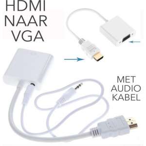 HDMI-naar-VGA-adapter met audiokabels en USB. Ondersteunt resolutie tot 1920x1080. Wit