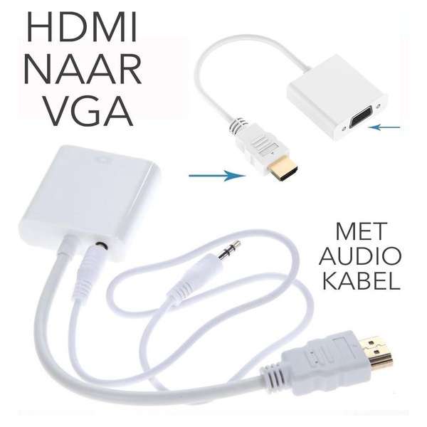 HDMI-naar-VGA-adapter met audiokabels en USB. Ondersteunt resolutie tot 1920x1080. Wit