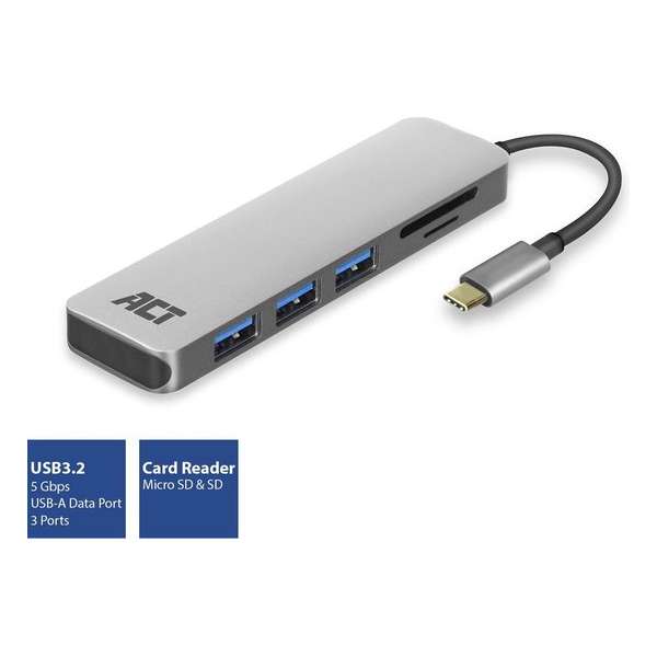 ACT USB C Hub met 3x USB 3.0 en kaartlezer - AC7051
