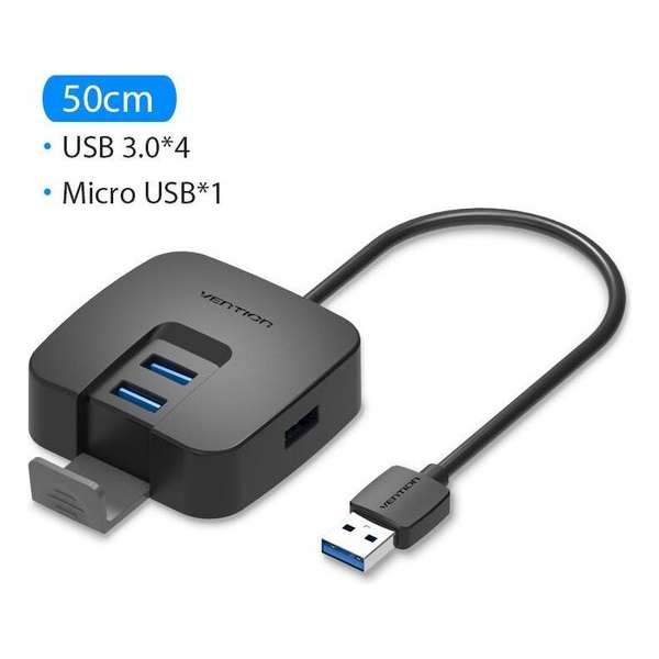 USB 3.0 Hub 4 poorten met Micro USB Telefoonhouder USB Splitter Adapter - 50cm Kabel - Zwart