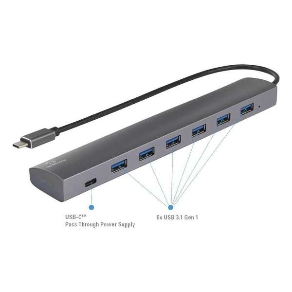 Renkforce 6 + 1 poorten USB 3.1-Hub Met Pass-Through stroomaansluiting, Met aluminium behuizing Zilver