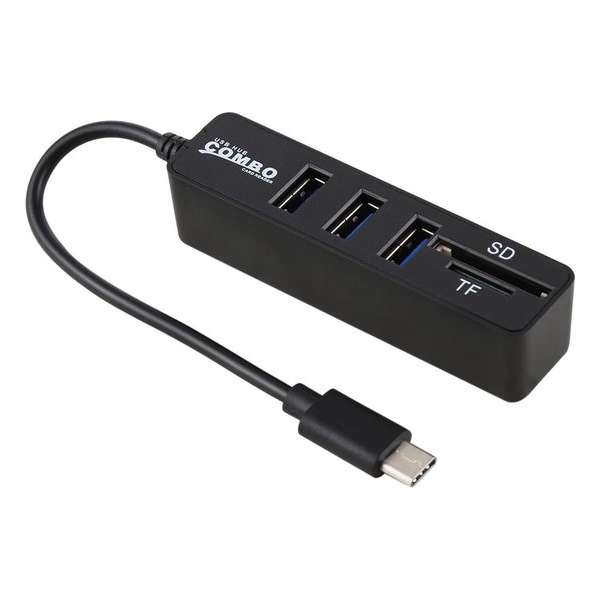 USB-C (Type-C 3.1) Male naar 3X USB Female Hub + SD en TF  geheugenkaartlezer Adapter|20CM | Zwart