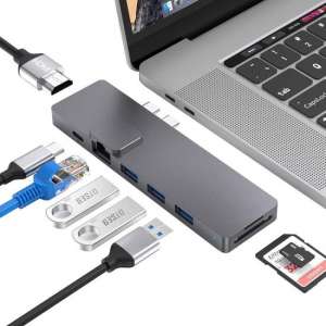 MacBook USB-C Adapter Hub 8 in 2 | Dockingstation | Ethernet / HDMI / USB C Thunderbolt 3 / USB A 3.0 / SD & TF