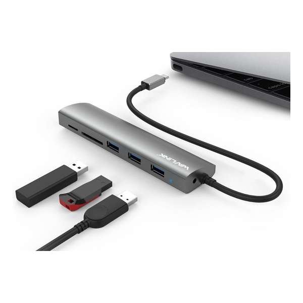 USB-C Adapter voor MacBook en Laptops met 3 USB A poorten en kaartlezers - Aluminium - Wavlink