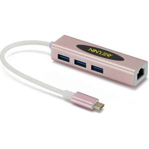 Ninzer® USB 3.1 USB-C naar 3.0 USB HUB + Gigabit Ethernet | Roze