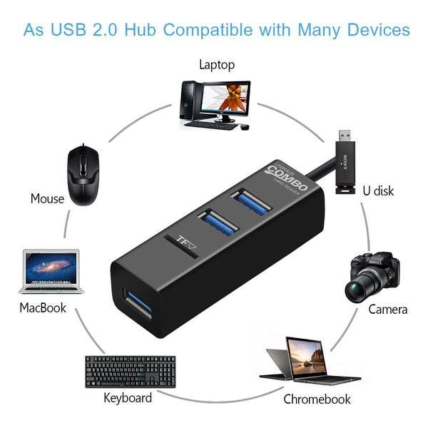 DrPhone - 2 Poort USB 2.0 Hub naar USB 3.1 Type C OTG SD - Micro SD Card Reader Kaartlezer + 2x USB 2.0 Poorten Hub
