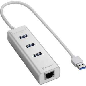 Sharkoon 3-Port USB 3.0 Aluminium Hub + RJ-45 Ethernet Adapter - Zilver