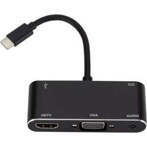 5 IN 1 USB-C (Type-C) naar HDMI + VGA + Aux + USB 3.0 + USB-C Adapter Hub Voor o.a. Macbook en Laptop| Premium Kwaliteit| Zwart