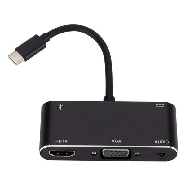 5 IN 1 USB-C (Type-C) naar HDMI + VGA + Aux + USB 3.0 + USB-C Adapter Hub Voor o.a. Macbook en Laptop| Premium Kwaliteit| Zwart