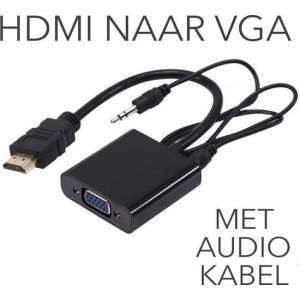 HDMI-naar-VGA-adapter met audiokabels. Ondersteunt resolutie tot 1920x1080. Zwart.