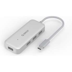 Orico - Type-C USB3.0 Hub met 4 Type-A Poorten - 5Gbps - VIA-Chip - Kabellengte 15cm - Zilver