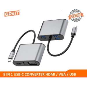 GR4IT - 8 in 1 USB C Converter - HDMI / VGA / USB / AUX /  PD / SD