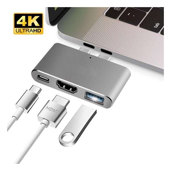 SBVR USB C Adapter Hub 3 in 2 | Incl. USB-C Thunderbolt 3 / HDMI (4K) / USB-A 3.0 | Voor MacBook Air / Pro