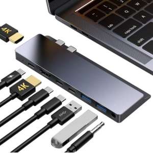 8 in 2 USB C Adapter hub voor MacBook Air / Pro 13" & 15" | Thunderbolt 3 / 2* HDMI 4K / 2* USB-C / 2* USB-A 3.0 / Aux