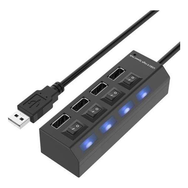 Premium 4-Poorts USB 2.0 Hub splitter High Speed adapter met schakelaars en LED Plug & Play| Zwart