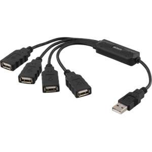 DELTACO UH-405, USB 2.0 hub in kabelvorm, 4x USB Type A, 0,15 m, zwart