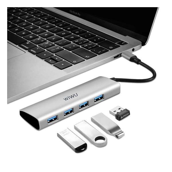WiWu Alpha 4 in 1 adapter - Type C naar 4x USB 3.0 - USB-C Data Hub - Aluminium - Grijs WiWu Alpha 4 in 1 adapter - Type C naar 4x USB 3.0 - USB-C Data Hub - Aluminium - Grijs