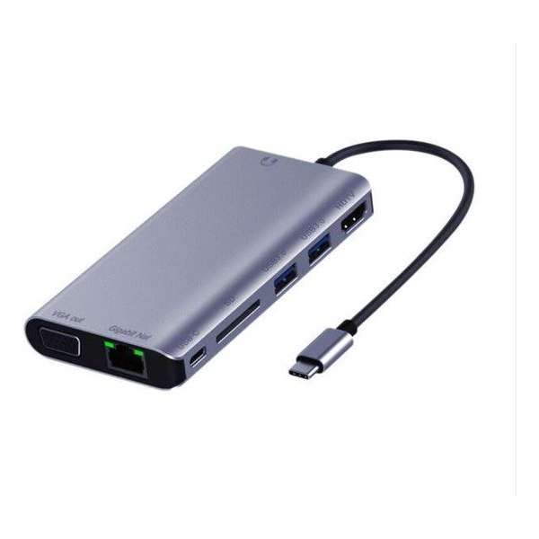 DrPhone MF2 USB C Hub - 8-in-1 adapter met Ethernet-poort- 4K UHD HDMI, PD 87W - VGA, 2x USB 3.0 - SD-kaartlezer – mic & audio