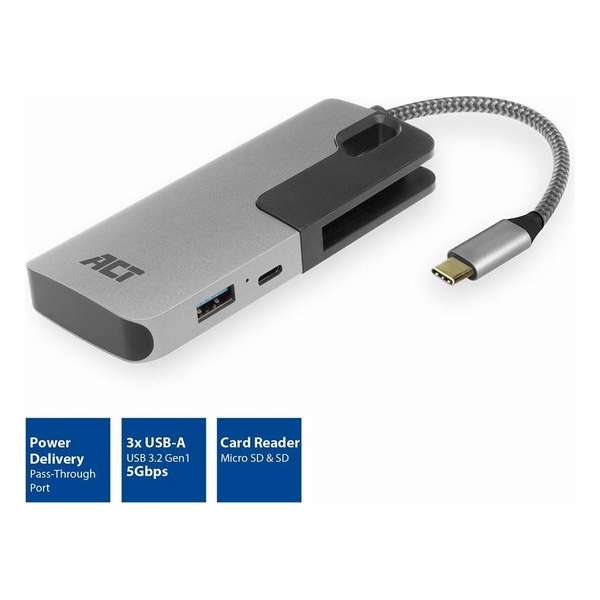 ACT AC7052 3-Poorts USB-C 3.2 Gen1 (USB 3.0) Hub met kaartlezer en PD poort