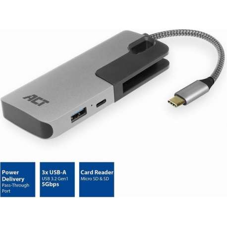 ACT AC7052 3-Poorts USB-C 3.2 Gen1 (USB 3.0) Hub met kaartlezer en PD poort