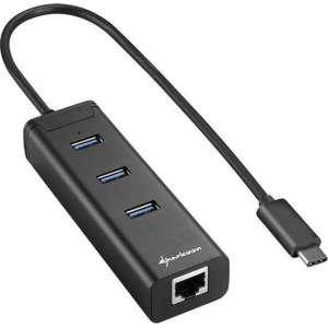 Sharkoon 3-Port USB 3.0 Aluminium Hub + RJ-45 Ethernet Adapter - USB 3.0 Type C - zwart