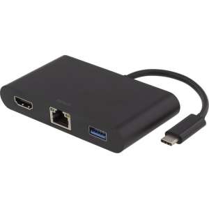 DELTACO USBC-1267 USB-C Docking station met HDMI, RJ45, 1xUSB Type A, USB-C-poort voor opladen, 3,5 mm, zwart