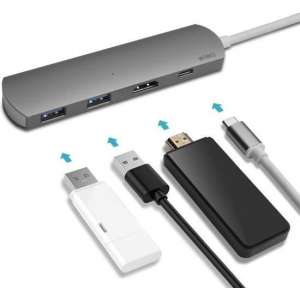 T3 Plus USB Type-C 4-in-1-hub met 2 x USB 3.0-poorten + 1 x HDMI-poort + 1 x Type C-poort - Zilver