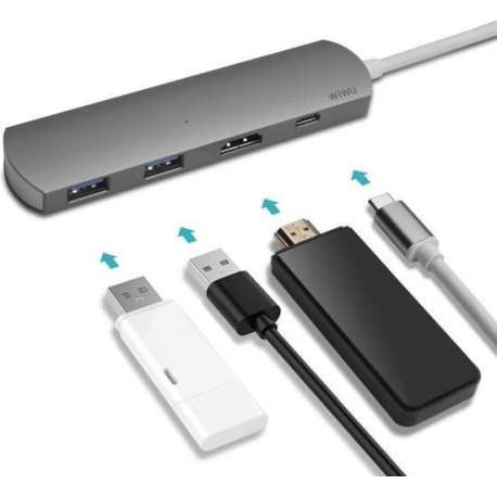 T3 Plus USB Type-C 4-in-1-hub met 2 x USB 3.0-poorten + 1 x HDMI-poort + 1 x Type C-poort - Zilver