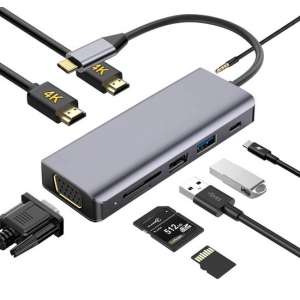 SBVR 9 in 1 USB C Adapter Hub | 2* HDMI / VGA / USB-C PD / USB-A / Aux | Geschikt voor MacBook - ASUS - HP - Lenovo - Dell