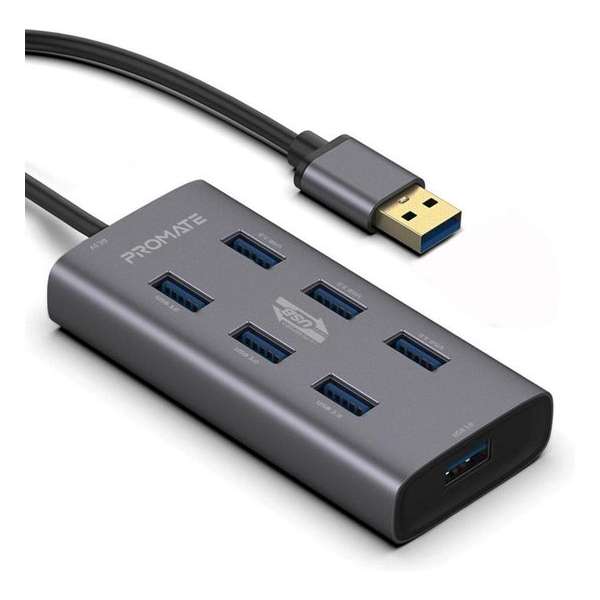 Promate EZHUB-7, 7 poorten USB 3.0 hub, USB-C-adapter, 5Gbps synchroniseren en opladen, aluminium - grijs