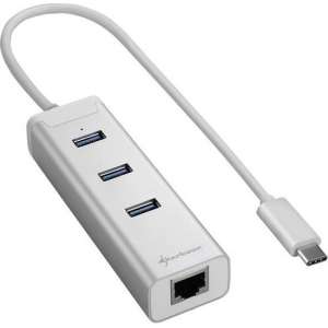 Sharkoon 3-Port USB 3.0 Aluminium Hub + RJ-45 Ethernet Adapter- USB 3.0 Type C - zilver