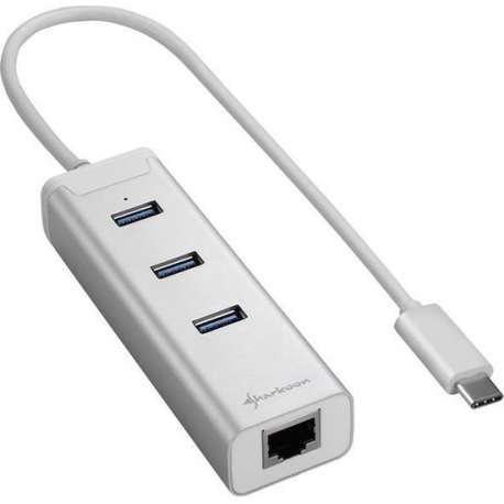 Sharkoon 3-Port USB 3.0 Aluminium Hub + RJ-45 Ethernet Adapter- USB 3.0 Type C - zilver