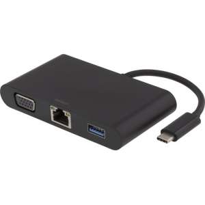 DELTACO USBC-1268 USB-C Docking station met VGA, RJ45, 1xUSB Type A, USB-C-poort voor opladen, 3,5 mm, zwart