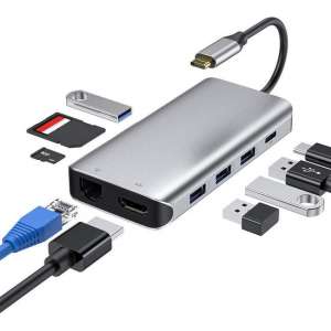Tonor® USB Hub met 9 poorten - 4K/HDMI - LAN Gigibyte Ethernet -  Geschikt voor Laptop, Smartphone, Tapblet, Desktop - USB 3.0