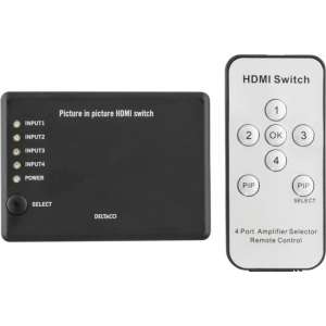 Deltaco HDMI-7007, HDMI Switch 4 input naar 1 output met Picture in Picture (PiP) 4K UHD - Zwart