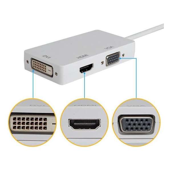 3in1 mini DisplayPort DP Male naar DVI, HDMI en VGA Female - Wit