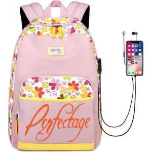 Roze Rugzak met Bloemenpatroon en USB Aansluiting - Schooltas / Rugtas / Laptoptas voor Dames en Meisjes