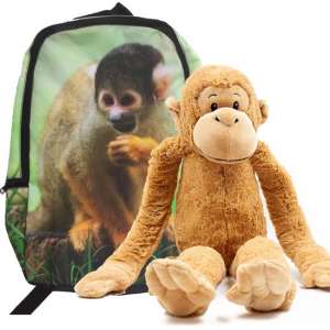 Rugzak Aap met grote slinger aap knuffel 69 cm kinder set, school rugtas met pluche aapje speelgoed