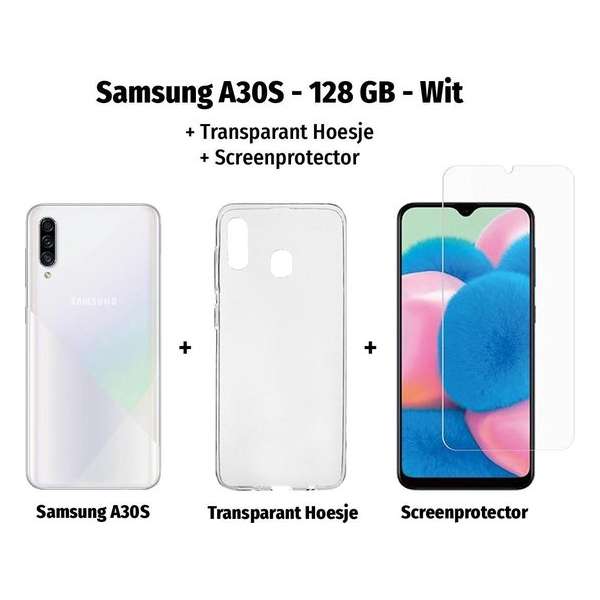 Samsung Galaxy A30S - 128GB - Wit + Transparant Hoesje + Screenprotector