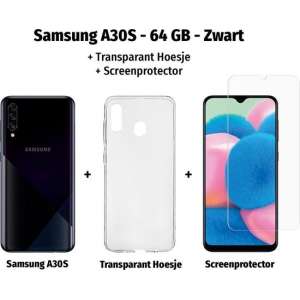 Samsung Galaxy A30S - 64GB - Zwart +  Transparant Hoesje +  Screenprotector